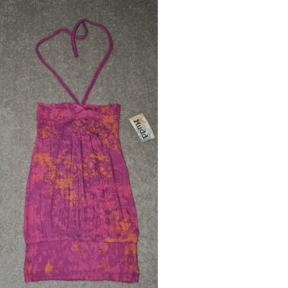 Womens Halter Tunic Mudd Pink Small Braided Straps Tie Dye Banded Hem Stretch - Picture 1 of 2